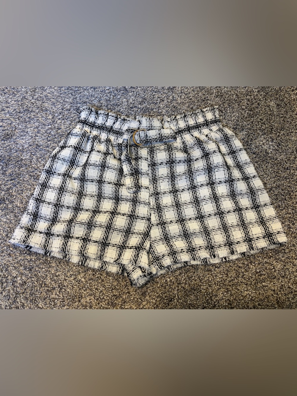 Umgee Black & White Plaid High-Waist Shorts with D-Ring Belt